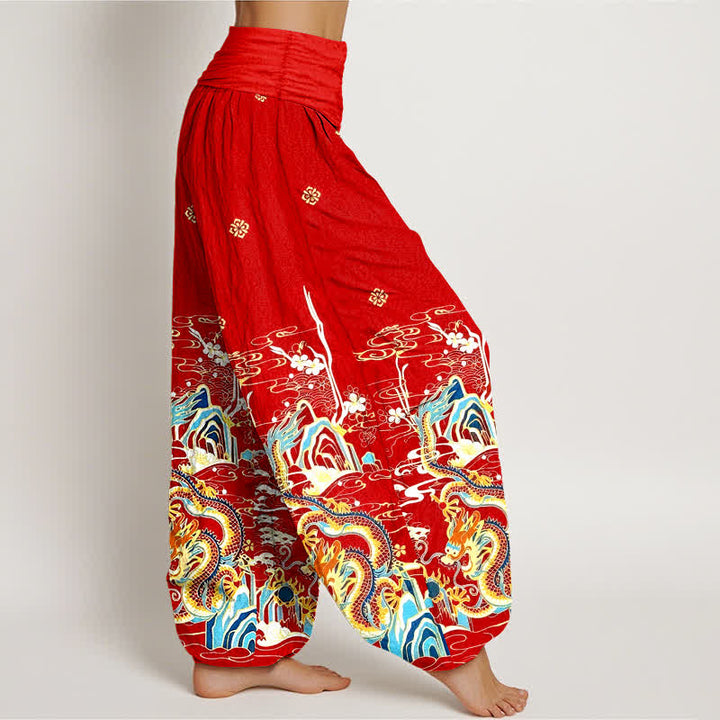 Buddha Stones Pantaloni harem da donna in puro cotone con motivo a onde e nuvole di drago, con elastico in vita. - image 7