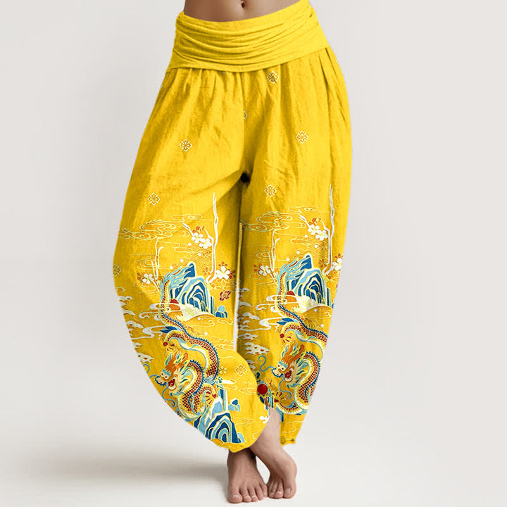 Buddha Stones Pantaloni harem da donna in puro cotone con motivo a onde e nuvole di drago, con elastico in vita. - Oro - US16, UK/AU20, EU48 (3XL) - image 8