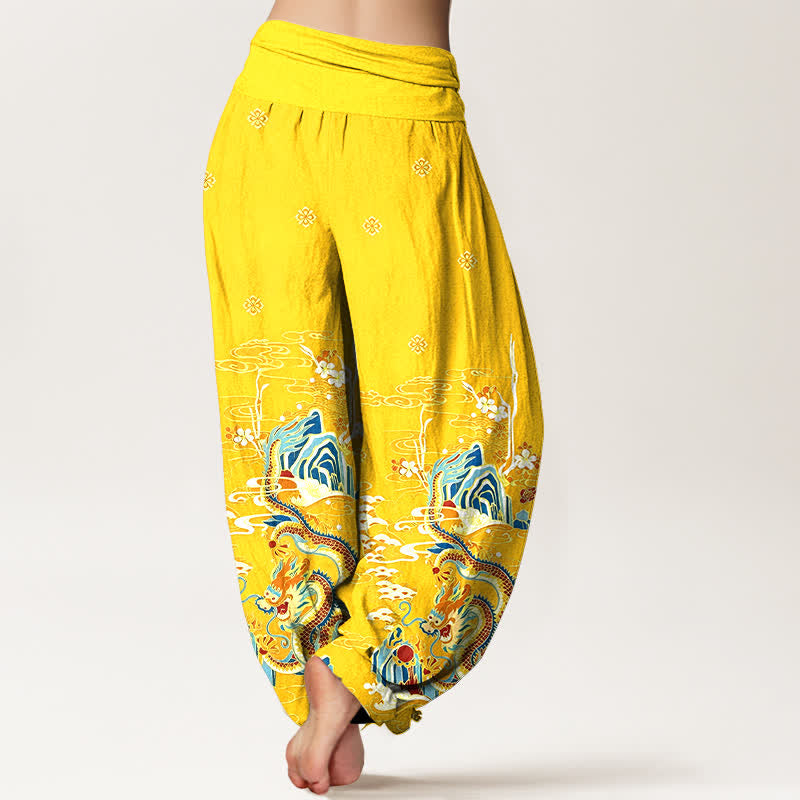 Buddha Stones Pantaloni harem da donna in puro cotone con motivo a onde e nuvole di drago, con elastico in vita. - image 9