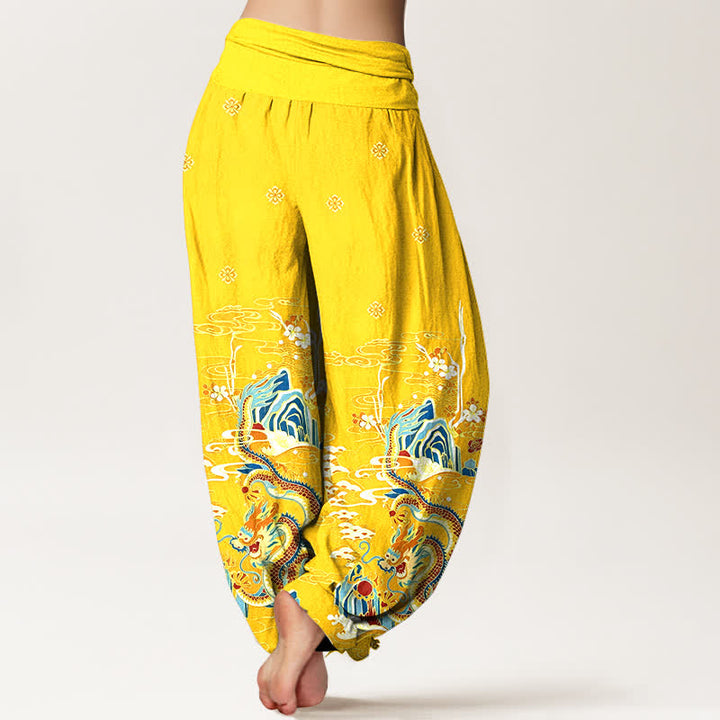 Buddha Stones Pantaloni harem da donna in puro cotone con motivo a onde e nuvole di drago, con elastico in vita. - image 9