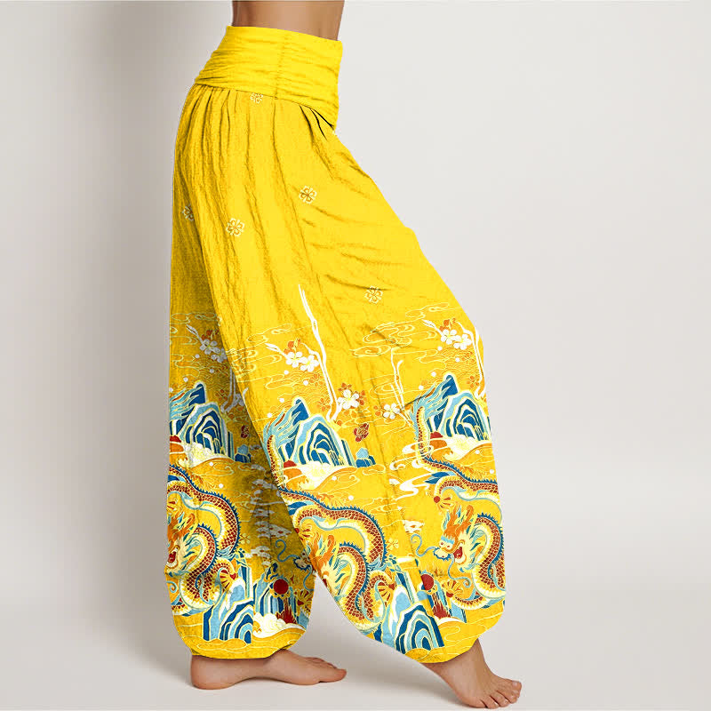 Buddha Stones Pantaloni harem da donna in puro cotone con motivo a onde e nuvole di drago, con elastico in vita. - image 10