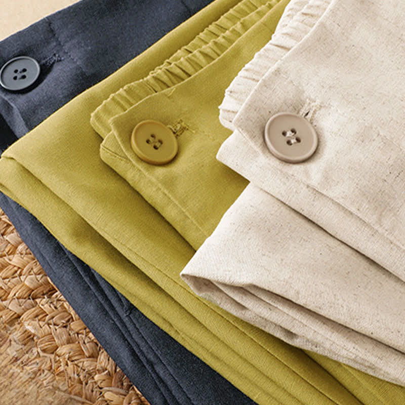 Buddha Stones Pantaloni harem da donna in lino tinta unita, a vita alta, con bottoni, stile estivo minimalista e tasche. - image 16