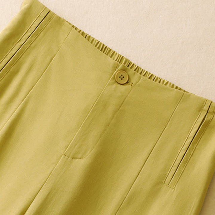 Buddha Stones Pantaloni harem da donna in lino tinta unita, a vita alta, con bottoni, stile estivo minimalista e tasche. - image 1