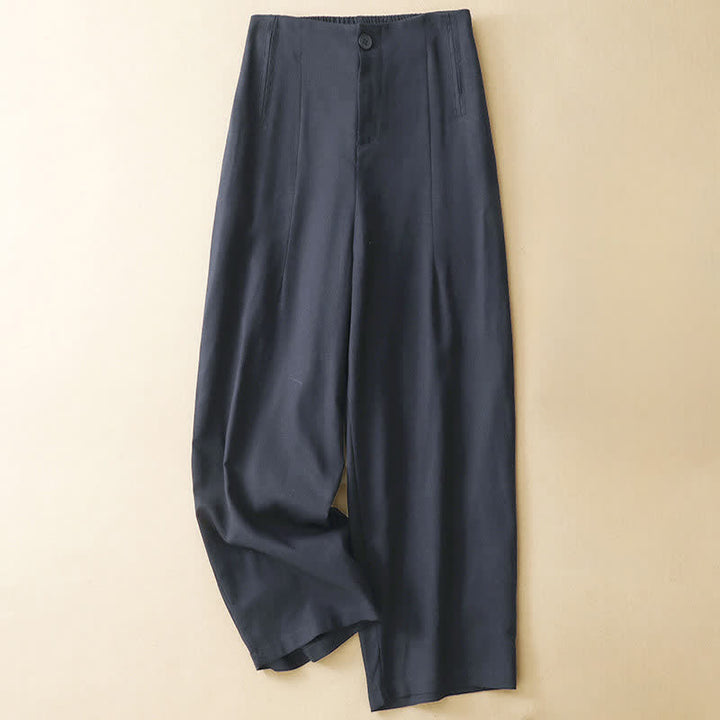 Buddha Stones Pantaloni harem da donna in lino tinta unita, a vita alta, con bottoni, stile estivo minimalista e tasche. - Blu notte - US12, UK/AU16, EU44 (3XL) - image 3