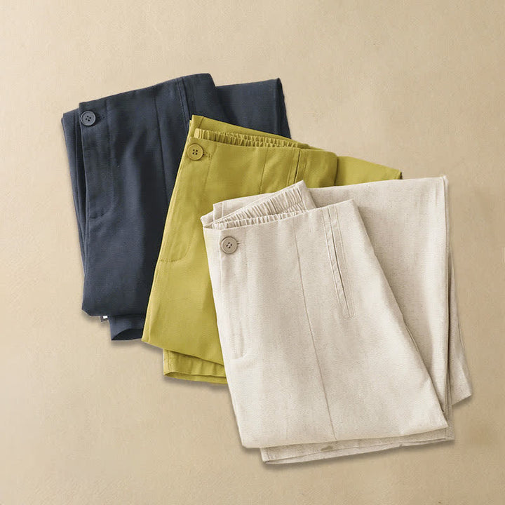 Buddha Stones Pantaloni harem da donna in lino tinta unita, a vita alta, con bottoni, stile estivo minimalista e tasche. - image 14