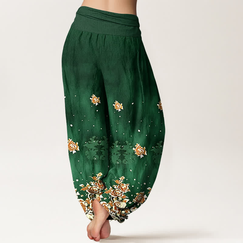 Buddha Stones Pantaloni harem da donna in puro cotone con fantasia floreale vintage a rose e vita elasticizzata. - image 1