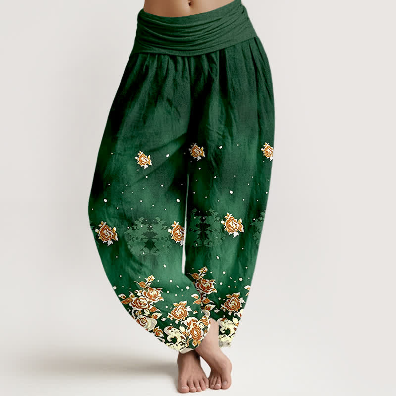 Buddha Stones Pantaloni harem da donna in puro cotone con fantasia floreale vintage a rose e vita elasticizzata. - Verde studentesco - US16, UK/AU20, EU48 (3XL) - image 0