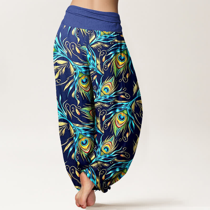 Buddha Stones Pantaloni harem da donna in puro cotone con motivo a piume di pavone e vita elasticizzata. - image 1