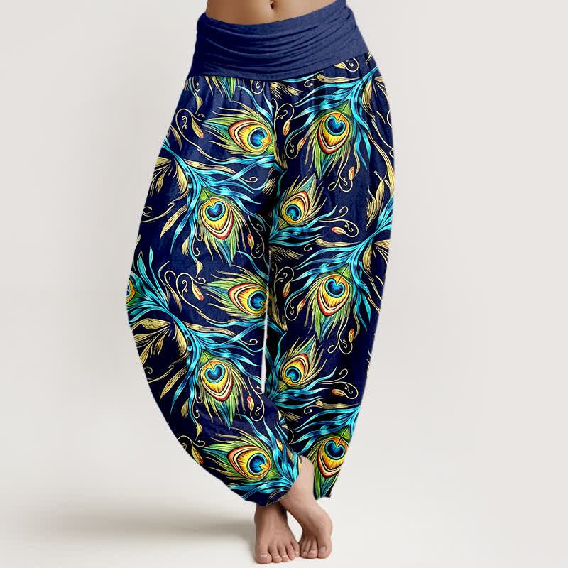 Buddha Stones Pantaloni harem da donna in puro cotone con motivo a piume di pavone e vita elasticizzata. - Marina - US16, UK/AU20, EU48 (3XL) - image 0