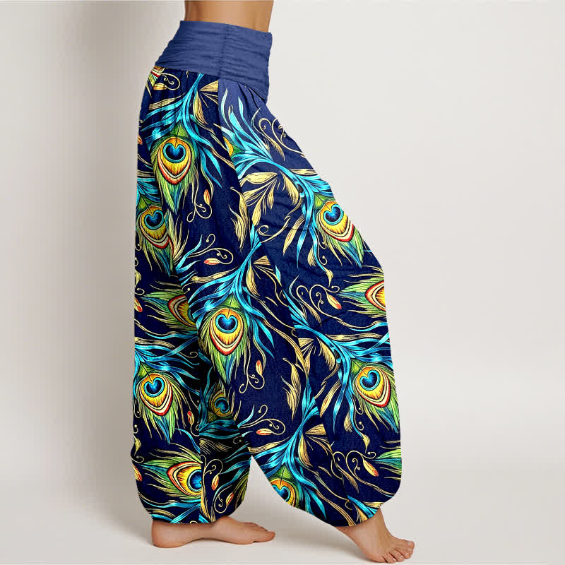 Buddha Stones Pantaloni harem da donna in puro cotone con motivo a piume di pavone e vita elasticizzata. - image 2