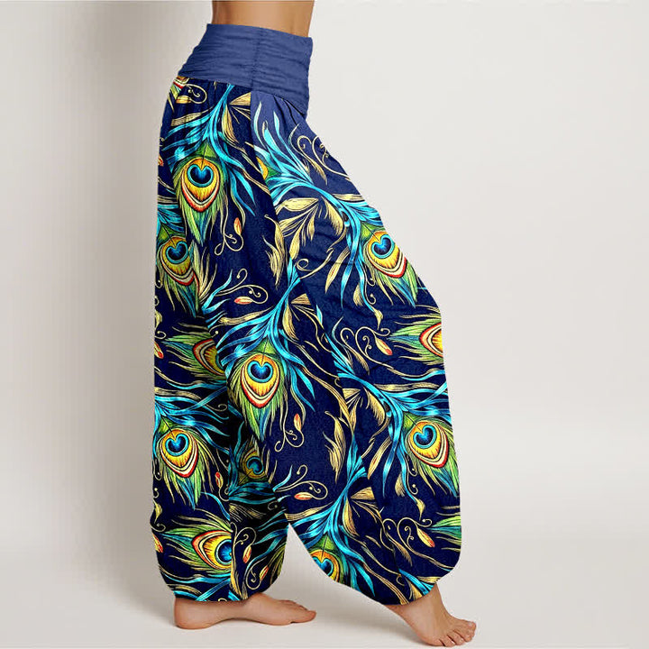 Buddha Stones Pantaloni harem da donna in puro cotone con motivo a piume di pavone e vita elasticizzata. - image 2