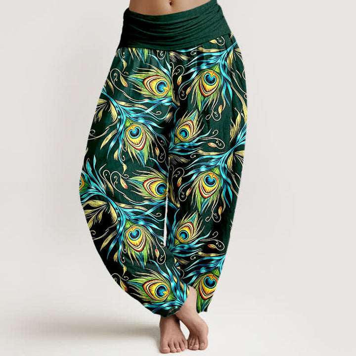 Buddha Stones Pantaloni harem da donna in puro cotone con motivo a piume di pavone e vita elasticizzata. - Verde studentesco - US16, UK/AU20, EU48 (3XL) - image 5