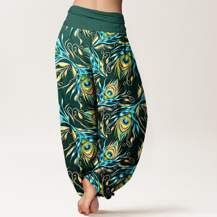 Buddha Stones Pantaloni harem da donna in puro cotone con motivo a piume di pavone e vita elasticizzata. - image 6