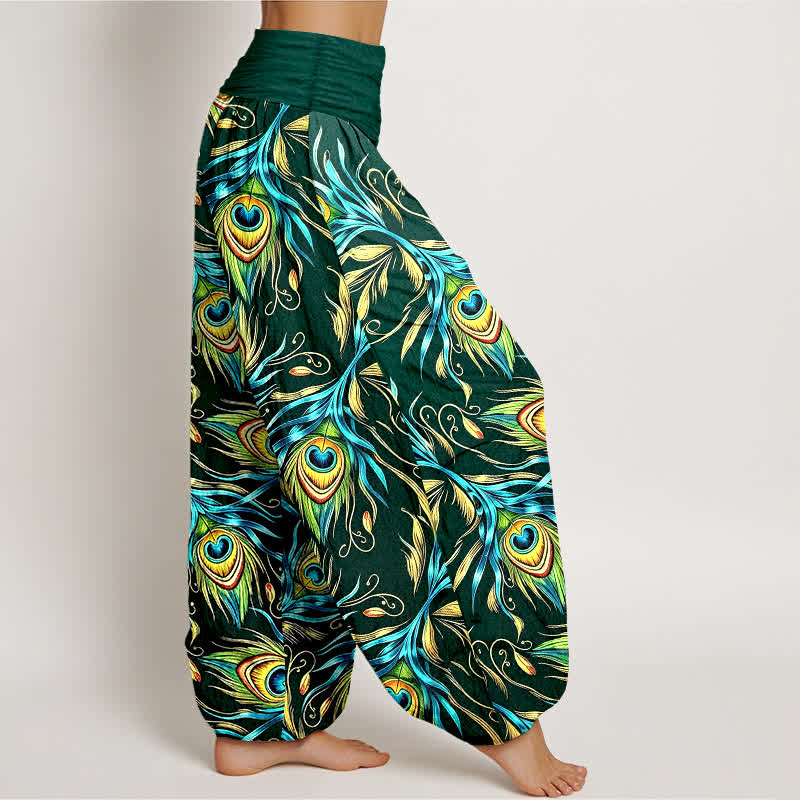 Buddha Stones Pantaloni harem da donna in puro cotone con motivo a piume di pavone e vita elasticizzata. - image 7