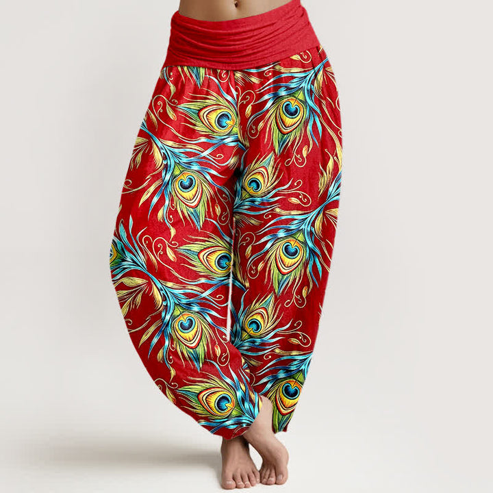 Buddha Stones Pantaloni harem da donna in puro cotone con motivo a piume di pavone e vita elasticizzata. - Rosso - US16, UK/AU20, EU48 (3XL) - image 8