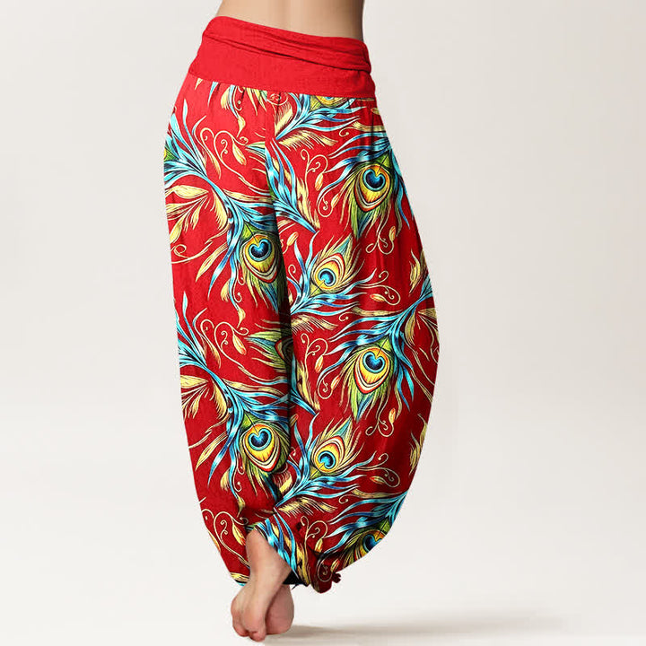 Buddha Stones Pantaloni harem da donna in puro cotone con motivo a piume di pavone e vita elasticizzata. - image 9