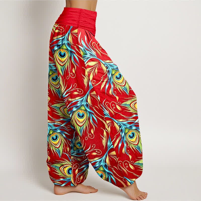 Buddha Stones Pantaloni harem da donna in puro cotone con motivo a piume di pavone e vita elasticizzata. - image 10