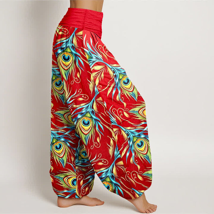 Buddha Stones Pantaloni harem da donna in puro cotone con motivo a piume di pavone e vita elasticizzata. - image 10