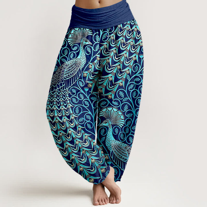 Buddha Stones Pantaloni harem da donna in puro cotone con motivo a piume di pavone e vita elasticizzata. - Marina - US16, UK/AU20, EU48 (3XL) - image 0