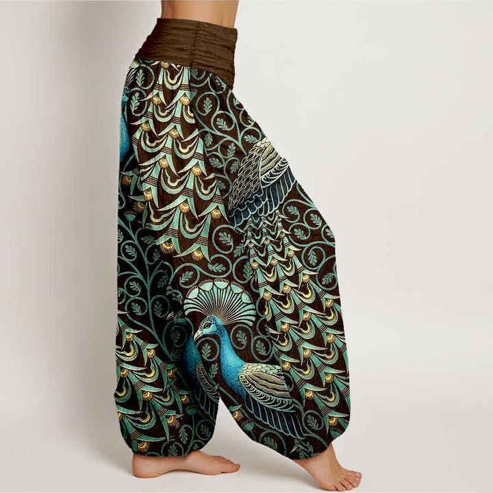 Buddha Stones Pantaloni harem da donna in puro cotone con motivo a piume di pavone e vita elasticizzata. - image 7