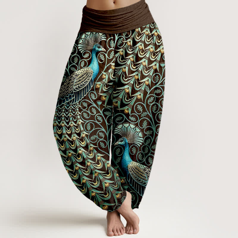 Buddha Stones Pantaloni harem da donna in puro cotone con motivo a piume di pavone e vita elasticizzata. - Marrone - US16, UK/AU20, EU48 (3XL) - image 5