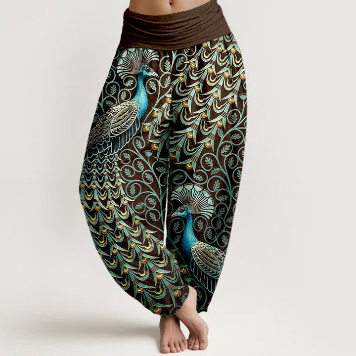 Buddha Stones Pantaloni harem da donna in puro cotone con motivo a piume di pavone e vita elasticizzata. - Marrone - US16, UK/AU20, EU48 (3XL) - image 5
