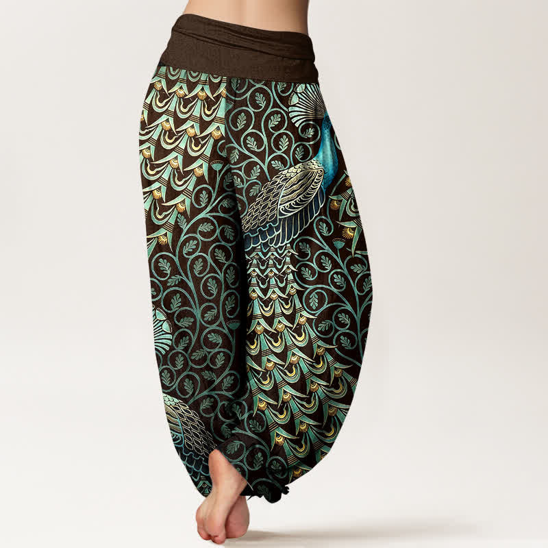 Buddha Stones Pantaloni harem da donna in puro cotone con motivo a piume di pavone e vita elasticizzata. - image 6