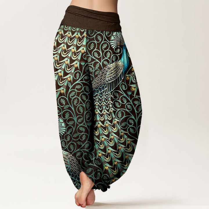 Buddha Stones Pantaloni harem da donna in puro cotone con motivo a piume di pavone e vita elasticizzata. - image 6