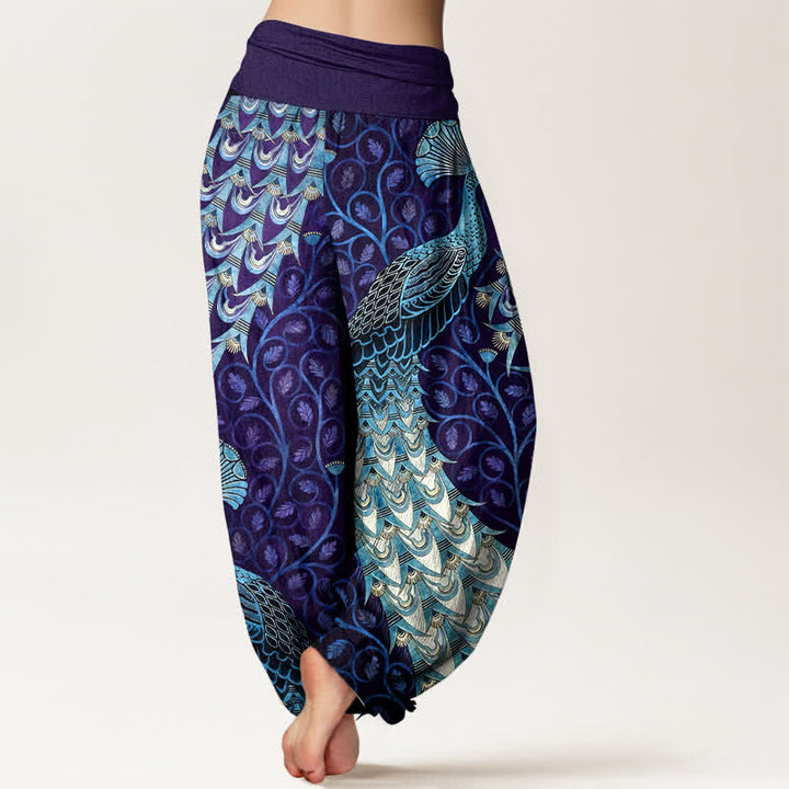Buddha Stones Pantaloni harem da donna in puro cotone con motivo a piume di pavone e vita elasticizzata. - image 9