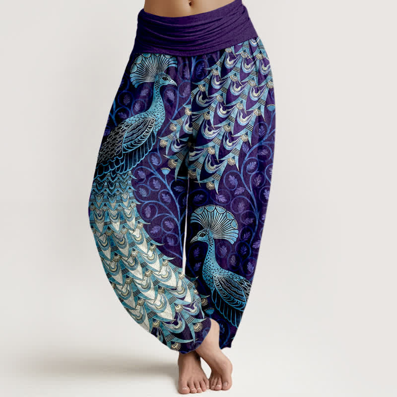 Buddha Stones Pantaloni harem da donna in puro cotone con motivo a piume di pavone e vita elasticizzata. - Indaco - US16, UK/AU20, EU48 (3XL) - image 8