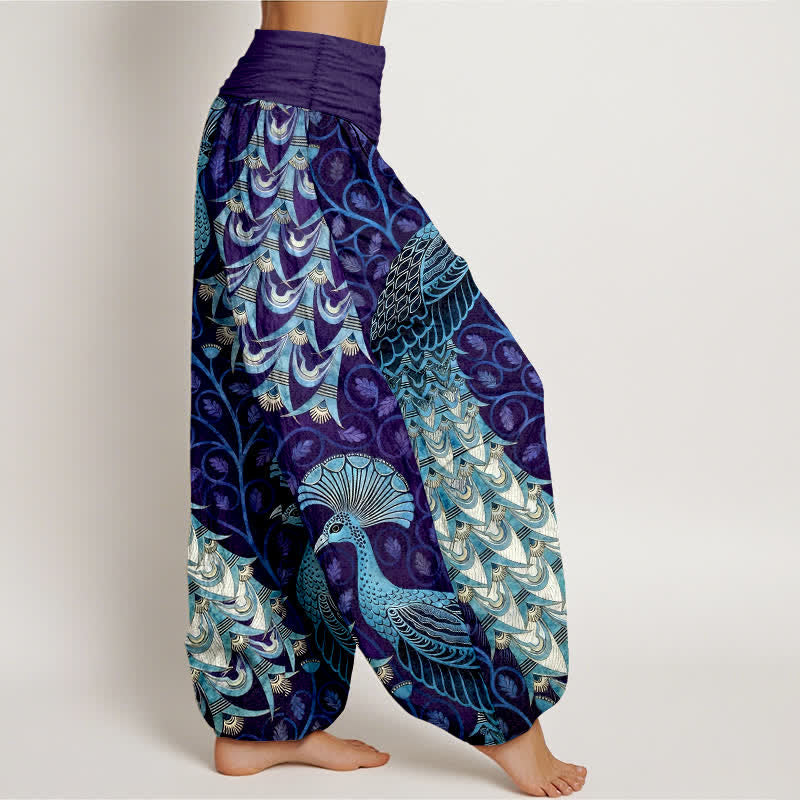 Buddha Stones Pantaloni harem da donna in puro cotone con motivo a piume di pavone e vita elasticizzata. - image 10