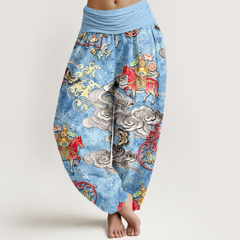 Buddha Stones Pantaloni harem da donna in puro cotone con elastico in vita e motivo "Nuvole di buon auspicio, cavalli e fiori". - Azzurro polvere - US16, UK/AU20, EU48 (3XL) - image 0