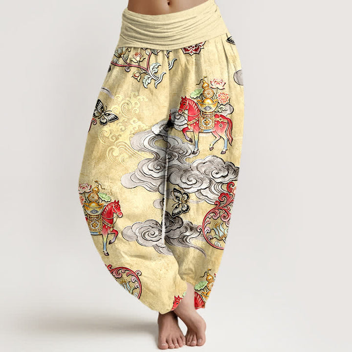 Buddha Stones Pantaloni harem da donna in puro cotone con elastico in vita e motivo "Nuvole di buon auspicio, cavalli e fiori". - LemonChiffon - US16, UK/AU20, EU48 (3XL) - image 5