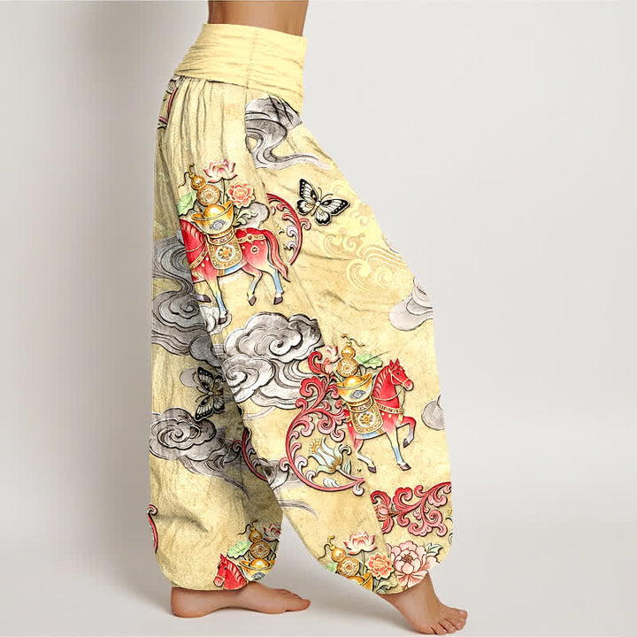 Buddha Stones Pantaloni harem da donna in puro cotone con elastico in vita e motivo "Nuvole di buon auspicio, cavalli e fiori". - image 7