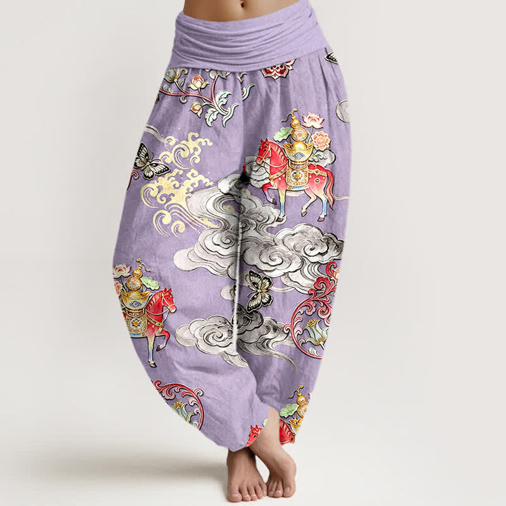 Buddha Stones Pantaloni harem da donna in puro cotone con elastico in vita e motivo "Nuvole di buon auspicio, cavalli e fiori". - Lavanda - US16, UK/AU20, EU48 (3XL) - image 8