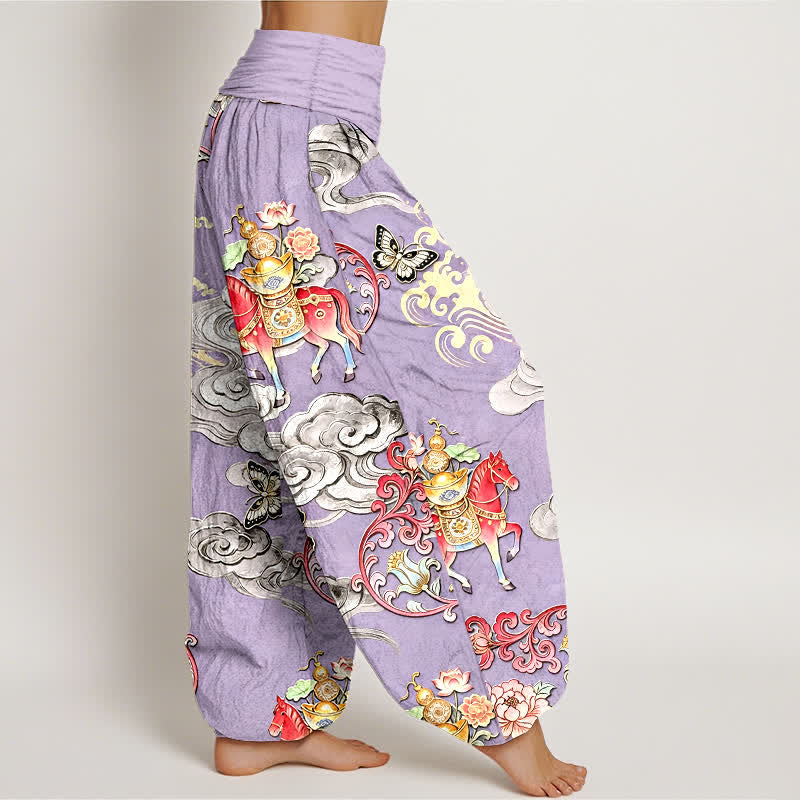 Buddha Stones Pantaloni harem da donna in puro cotone con elastico in vita e motivo "Nuvole di buon auspicio, cavalli e fiori". - image 10