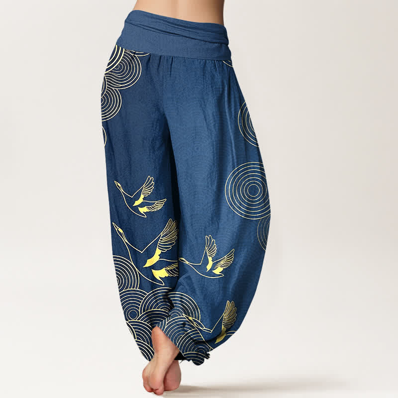Buddha Stones Pantaloni harem da donna in cotone con motivo a cerchi dorati e uccelli, con elastico in vita. - image 1
