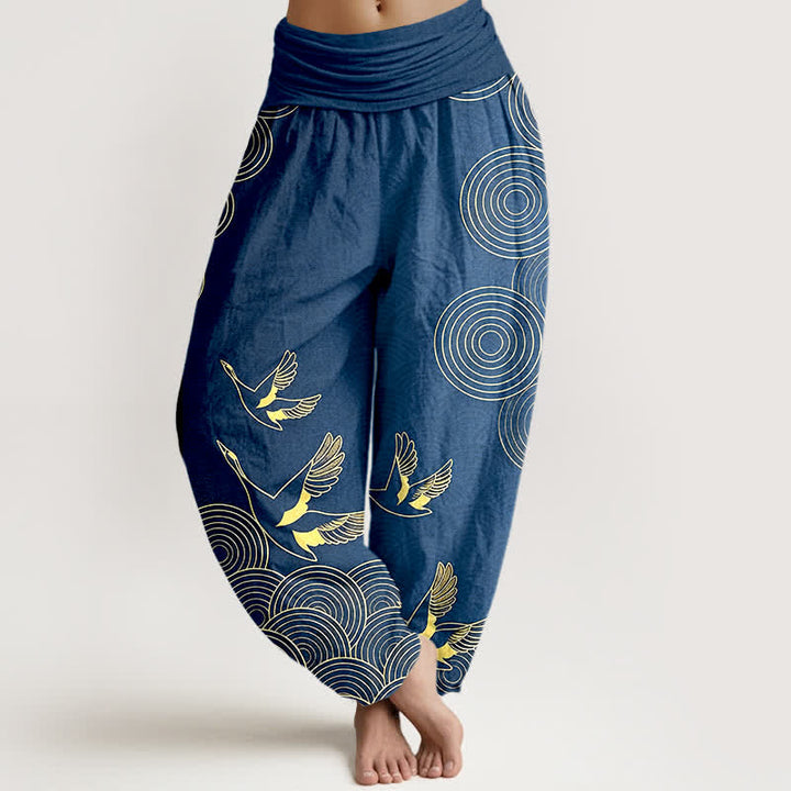 Buddha Stones Pantaloni harem da donna in cotone con motivo a cerchi dorati e uccelli, con elastico in vita. - SteelBlue - US16, UK/AU20, EU48 (3XL) - image 0