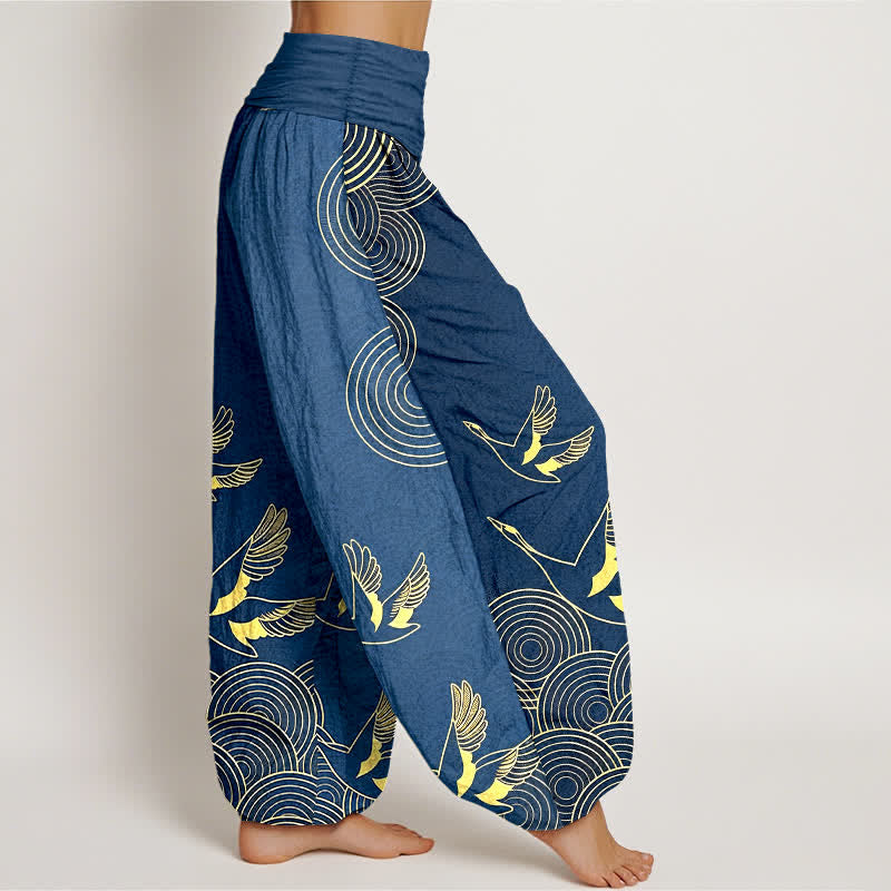Buddha Stones Pantaloni harem da donna in cotone con motivo a cerchi dorati e uccelli, con elastico in vita. - image 2