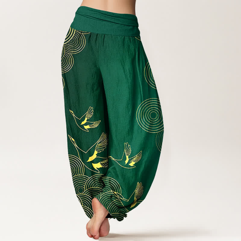 Buddha Stones Pantaloni harem da donna in cotone con motivo a cerchi dorati e uccelli, con elastico in vita. - image 6