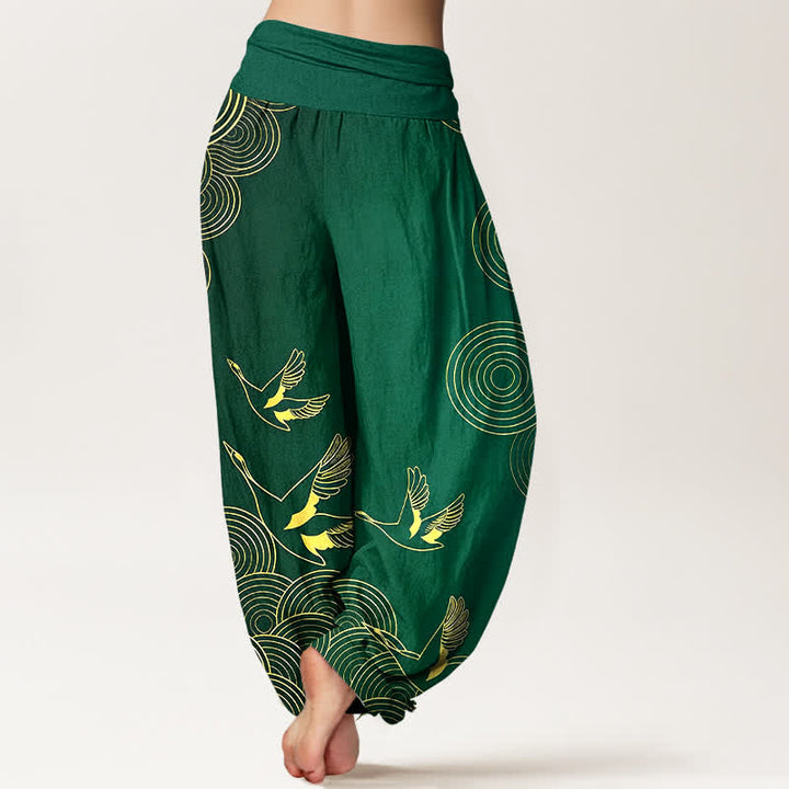 Buddha Stones Pantaloni harem da donna in cotone con motivo a cerchi dorati e uccelli, con elastico in vita. - image 6