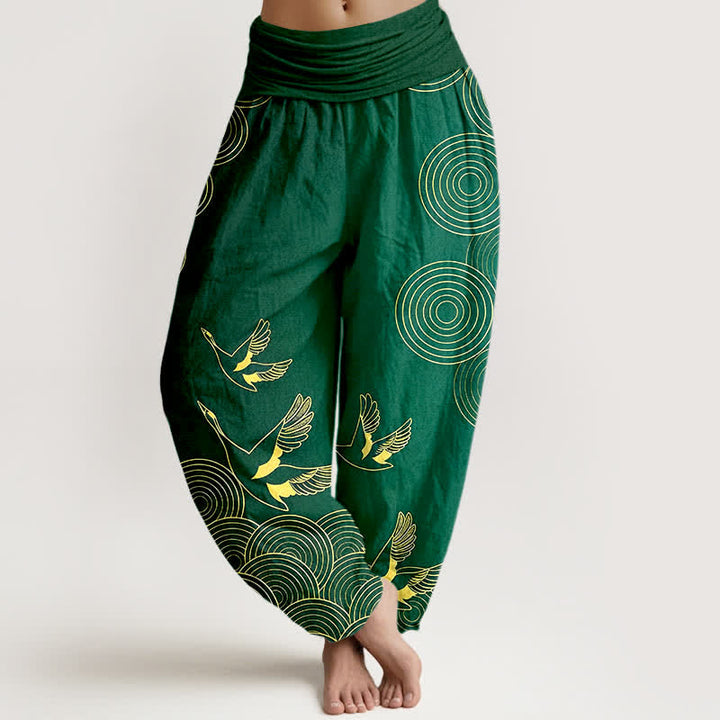Buddha Stones Pantaloni harem da donna in cotone con motivo a cerchi dorati e uccelli, con elastico in vita. - Verde studentesco - US16, UK/AU20, EU48 (3XL) - image 5