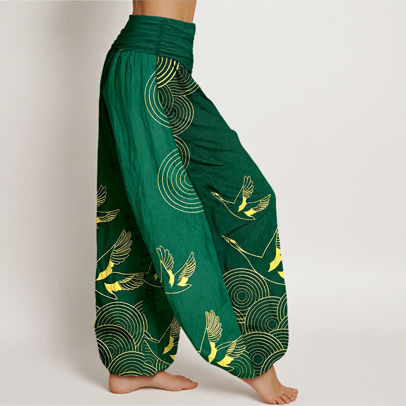 Buddha Stones Pantaloni harem da donna in cotone con motivo a cerchi dorati e uccelli, con elastico in vita. - image 7