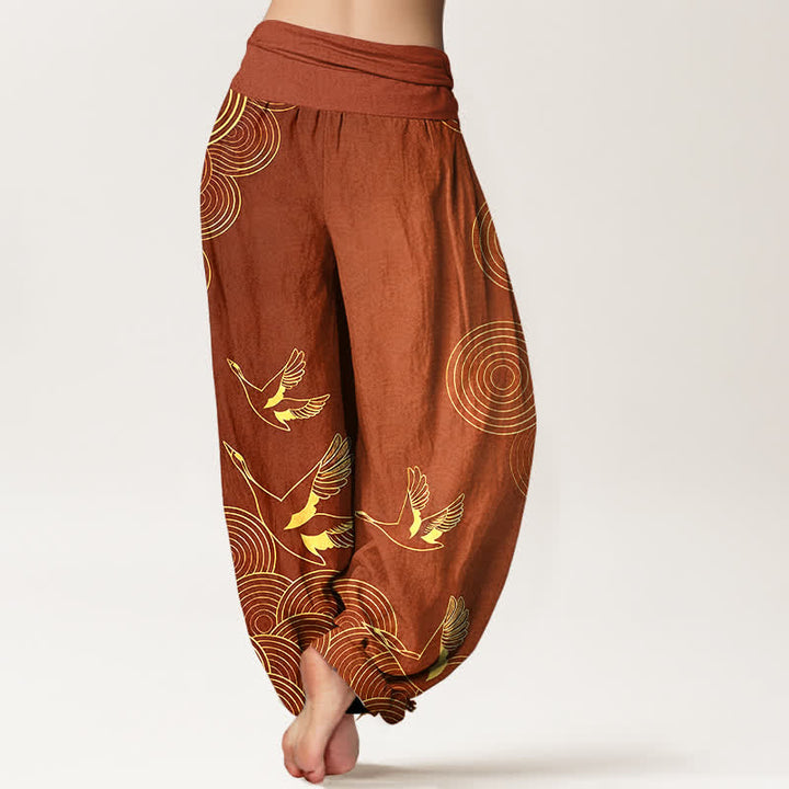 Buddha Stones Pantaloni harem da donna in cotone con motivo a cerchi dorati e uccelli, con elastico in vita. - image 9
