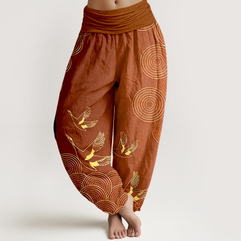 Buddha Stones Pantaloni harem da donna in cotone con motivo a cerchi dorati e uccelli, con elastico in vita. - Siena - US16, UK/AU20, EU48 (3XL) - image 8