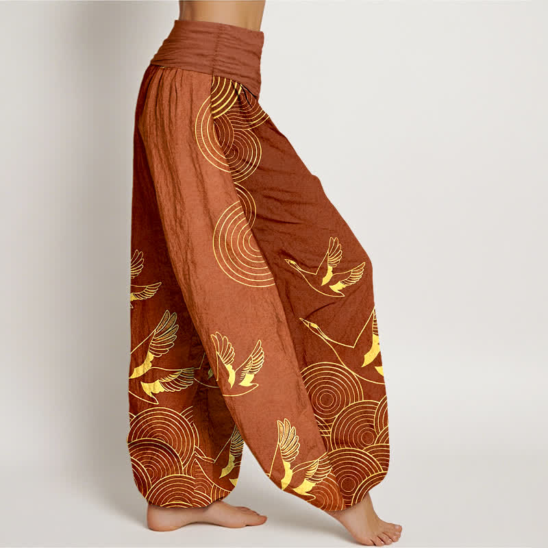 Buddha Stones Pantaloni harem da donna in cotone con motivo a cerchi dorati e uccelli, con elastico in vita. - image 10