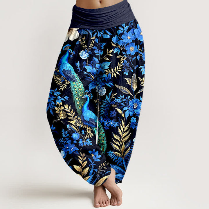 Buddha Stones Pantaloni harem da donna in puro cotone color verde acqua con fantasia floreale a pavone e elastico in vita. - Nero - US16, UK/AU20, EU48 (3XL) - image 0