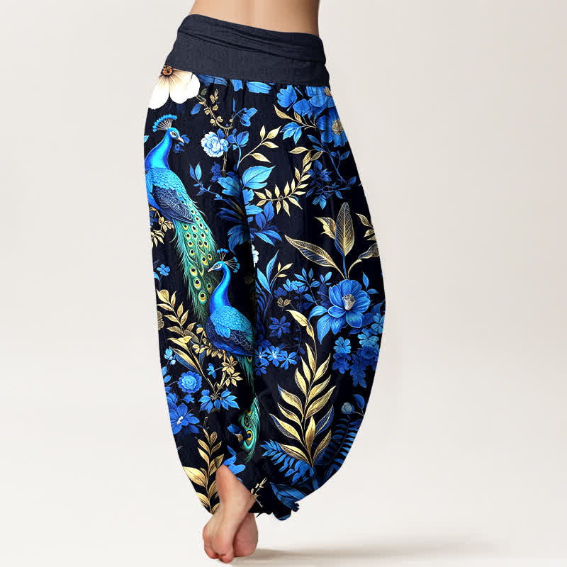 Buddha Stones Pantaloni harem da donna in puro cotone color verde acqua con fantasia floreale a pavone e elastico in vita. - image 1