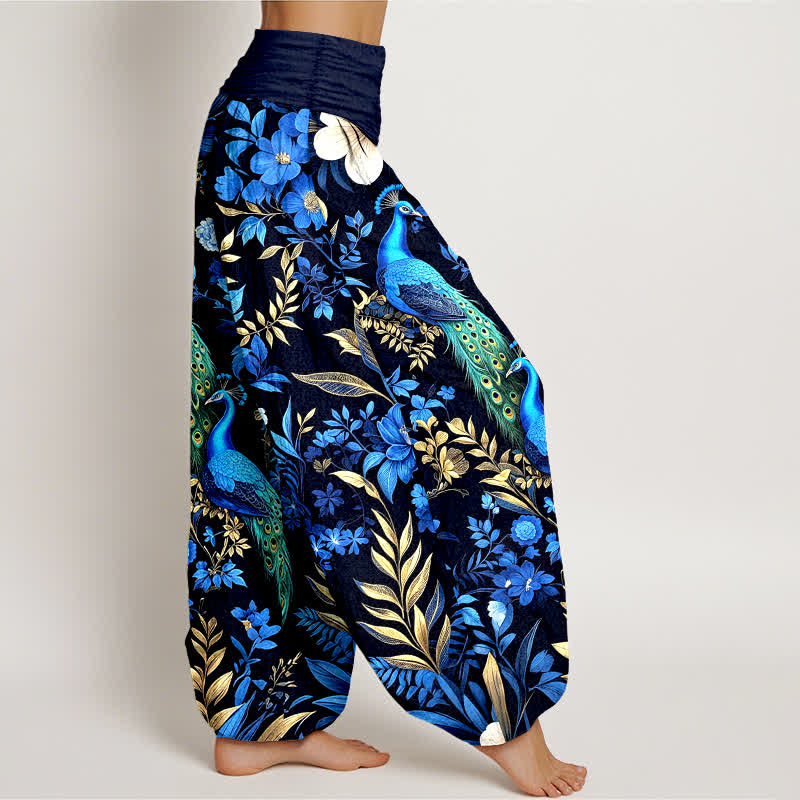 Buddha Stones Pantaloni harem da donna in puro cotone color verde acqua con fantasia floreale a pavone e elastico in vita. - image 2