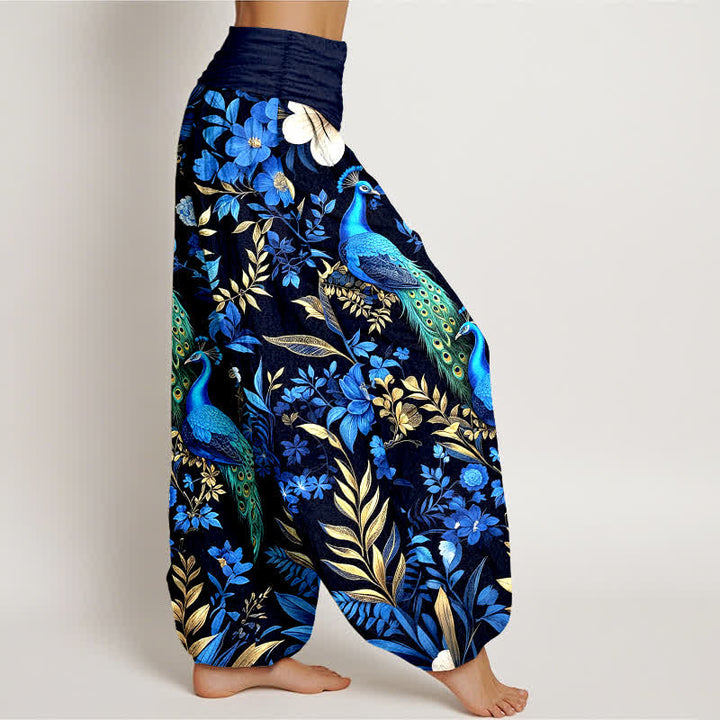 Buddha Stones Pantaloni harem da donna in puro cotone color verde acqua con fantasia floreale a pavone e elastico in vita. - image 2